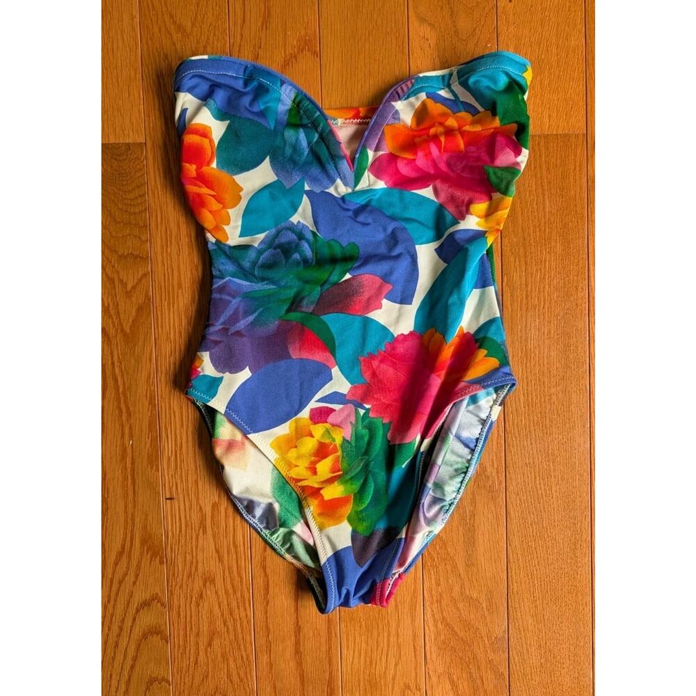 Vintage 80s Gottex For Saks Swim Suit High Leg Floral Retro Chic Lined Shelf Bra